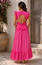 Ruffle Maxi Dress with Deep V-Neck and Flowy Skirt