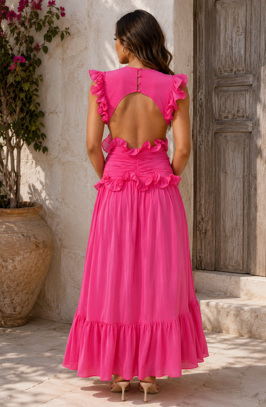 Ruffle Maxi Dress with Deep V-Neck and Flowy Skirt