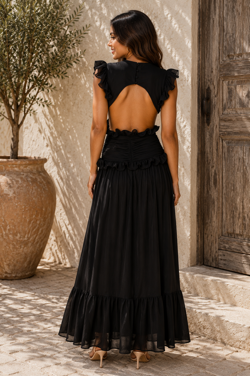 Ruffle Maxi Dress with Deep V-Neck and Flowy Skirt