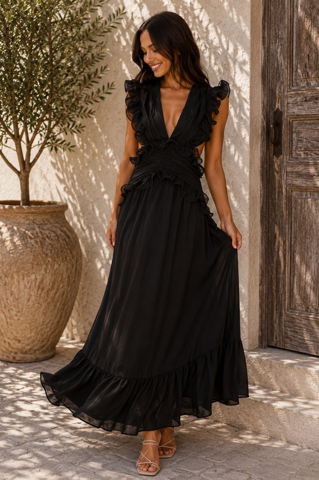 Ruffle Maxi Dress with Deep V-Neck and Flowy Skirt