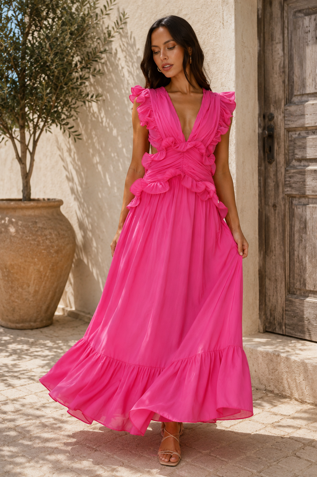 Ruffle Maxi Dress with Deep V-Neck and Flowy Skirt