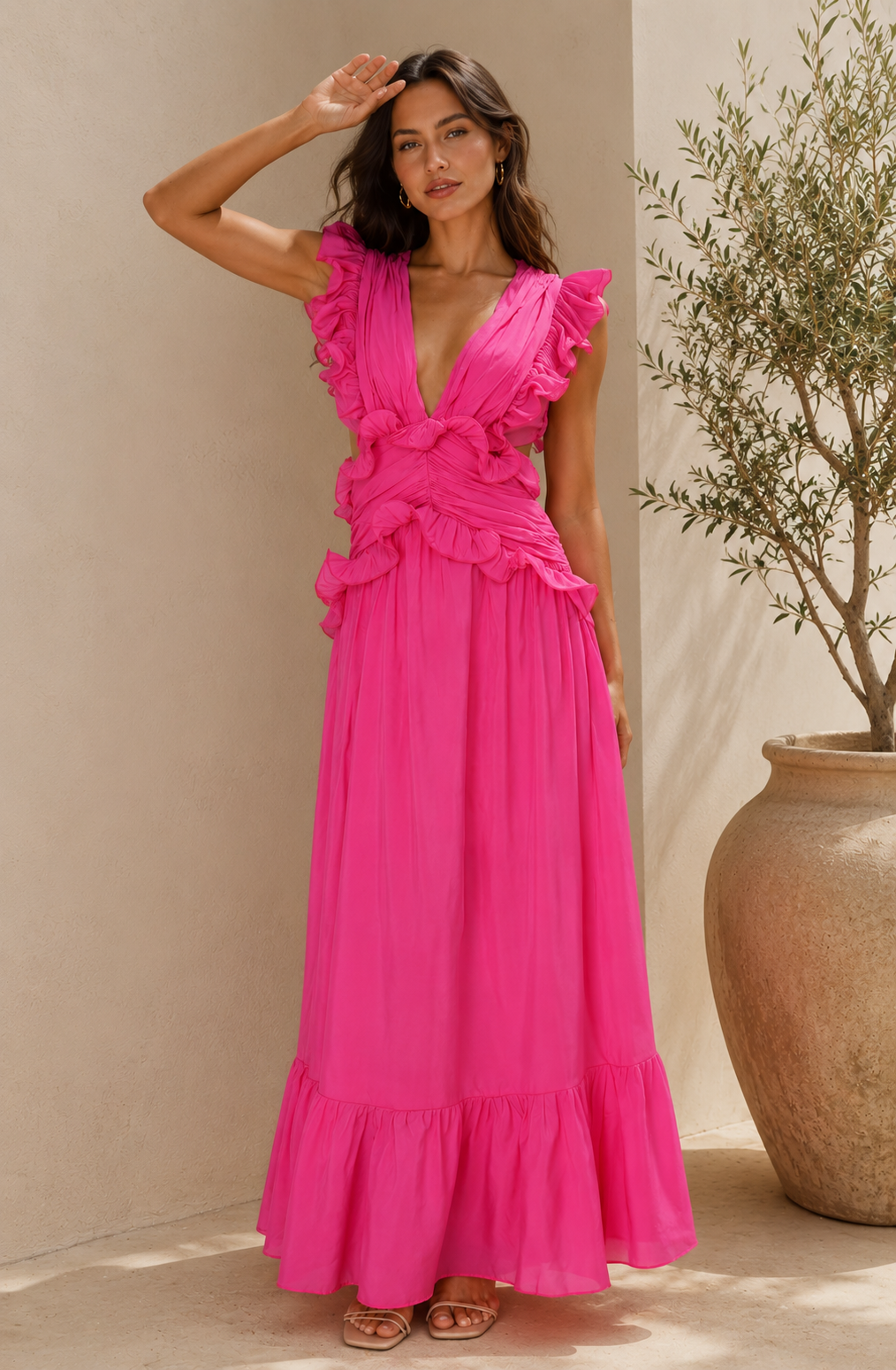 Ruffle Maxi Dress with Deep V-Neck and Flowy Skirt