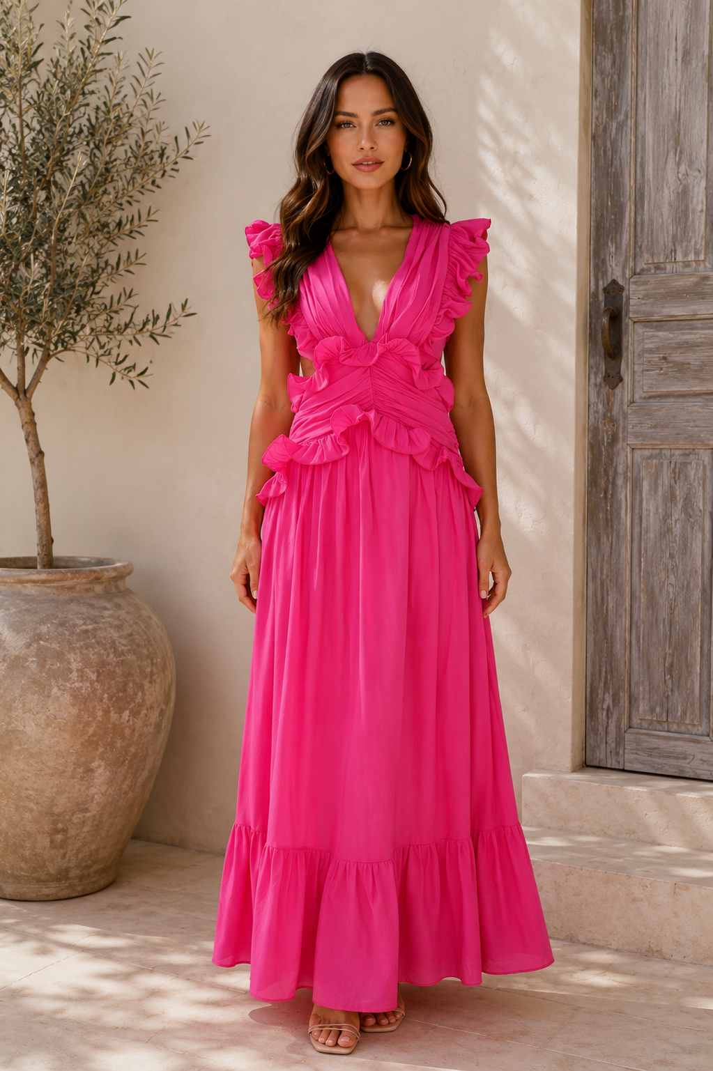 Ruffle Maxi Dress with Deep V-Neck and Flowy Skirt